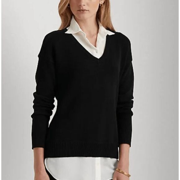 LAUREN Ralph Lauren Layered Cotton Sweater Black, Size Medium, MSRP $110 - Picture 1 of 11